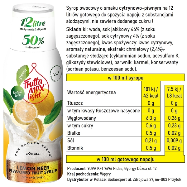 Syrop FruttaMax RADLER CYTRYNOWY Light 500 ml na 12 litrów